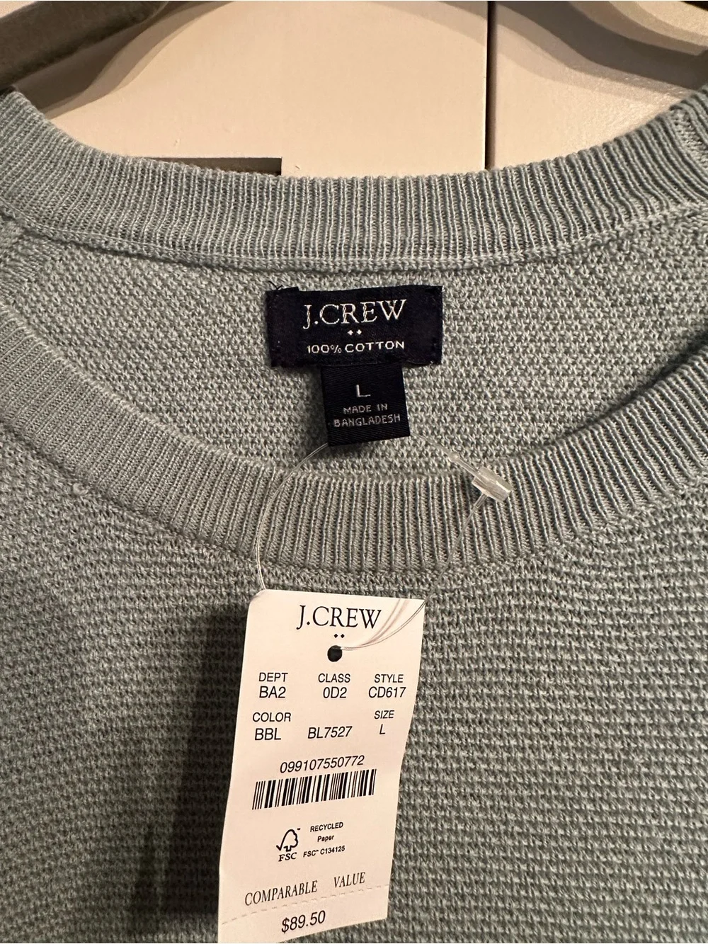 J. Crew Men's Pale Blue Crewneck Waffle Knit Sweater 100% Cotton Size L